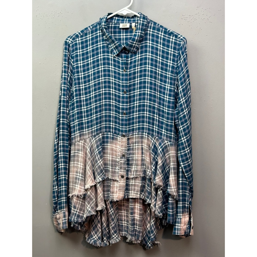 True Craft Shirt Womens XL Lilac Teal Plaid Modern Cowgirl 3 Tiered Ruffle Fray